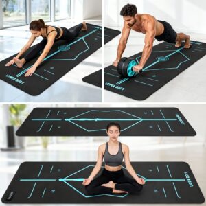A black 8mm yoga mat with blue alignment lines shown in multiple uses: a woman practicing yoga, a man using an ab roller wheel, and a person meditating.