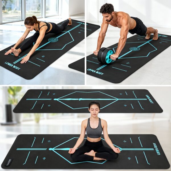 A black 8mm yoga mat with blue alignment lines shown in multiple uses: a woman practicing yoga, a man using an ab roller wheel, and a person meditating.