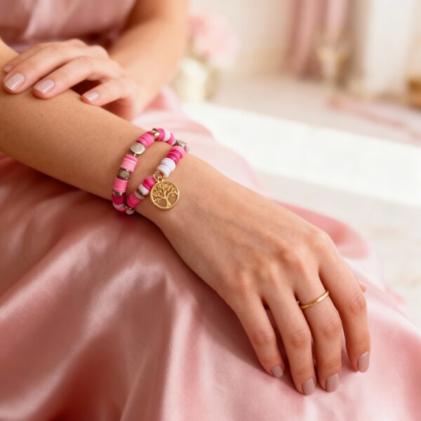 Bracelet Set: Pink Beaded Tree of Life Bracelet Set (Set of 2) - Image 3