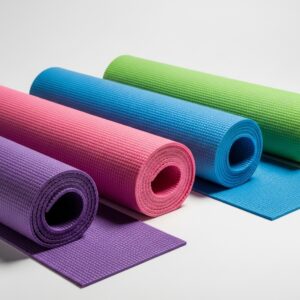 Premium 4MM yoga mat in blush pink color with non-slip textured surface, rolled and unrolled on wooden floor in cozy feminine home setting