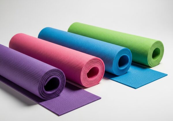 Premium 4MM yoga mat in blush pink color with non-slip textured surface, rolled and unrolled on wooden floor in cozy feminine home setting
