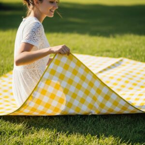 Compact foldable waterproof picnic blanket yellow gingham carrying case