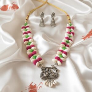 Divine Radha Krishna Shell Necklace Set with Oxidized Silver Pendant