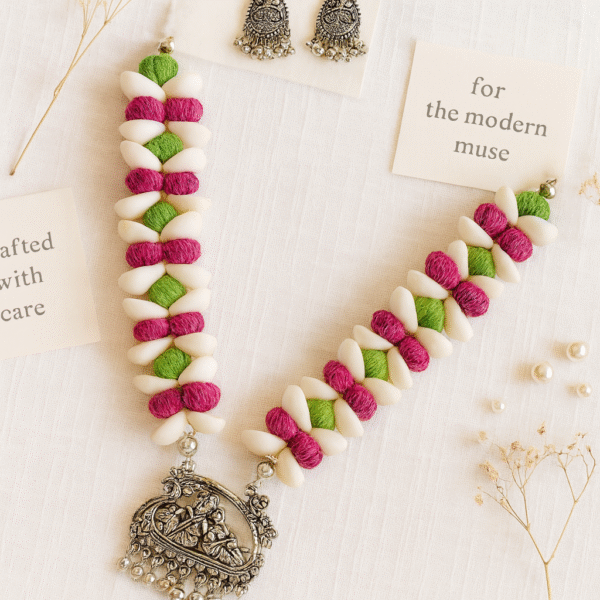 Divine Radha Krishna Shell Necklace Set with Oxidized Silver Pendant - Image 3