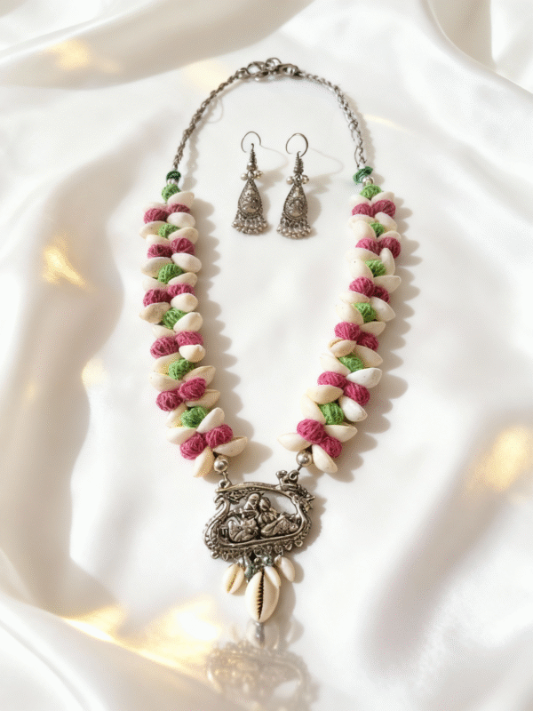 Divine Radha Krishna Shell Necklace Set with Oxidized Silver Pendant - Image 4